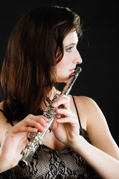 Umění. žena flétnista flétnista hraje flétna. hudba. — Stock fotografie