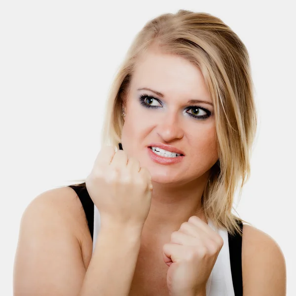 Blonde girl winner celebrating success hand gesture — Stock Photo, Image