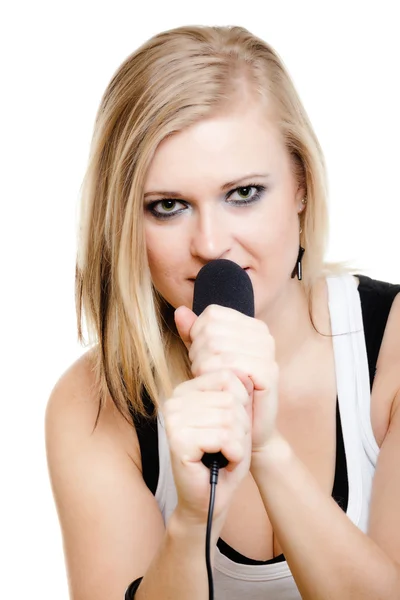 Music. Girl singer musician singing to microphone — Stock Photo, Image