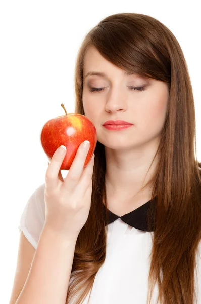 Diet. Girl smelling apple seasonal fruit. — Stock Photo, Image