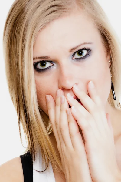 Surprised afraid girl covering mouth with hand — Stock Photo, Image