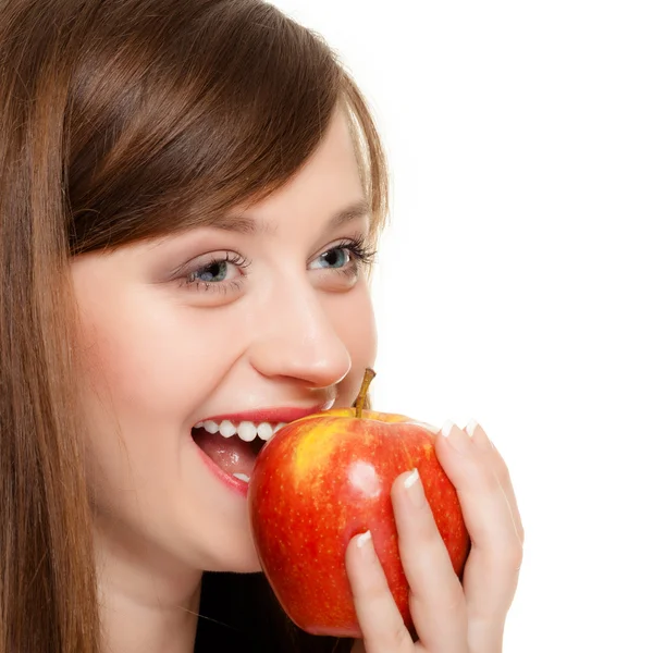 Diyet. ısırma apple mevsimlik meyve yiyen kız. — Stok fotoğraf