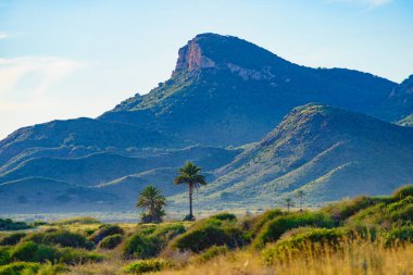 Akdeniz kıyısı manzarası, Murcia bölgesindeki İspanyol kıyı şeridi. Calblanque Bölge Parkı. Turist eğlencesi.
