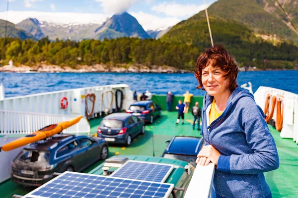Tourism Vacation Travel Tourist Woman Cruise Ship Enjoying Fjord Sognefjord — Stock Photo, Image
