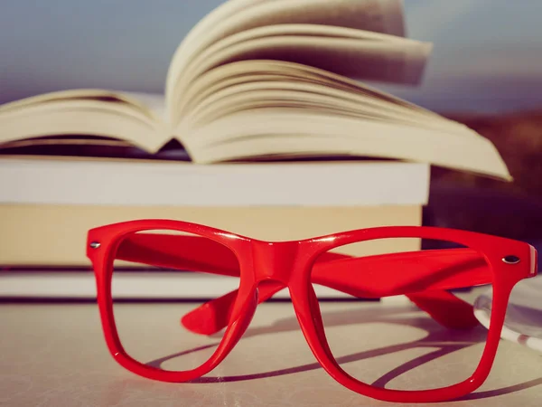 休日の読書 屋外で本や赤い眼鏡 リラクゼーション休暇のコンセプト — ストック写真
