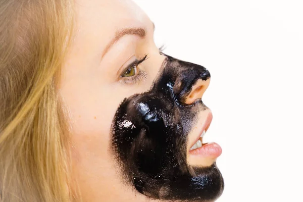 Young Woman Applying Carbo Detox Black Mask Her Face Teen — Stock Photo, Image