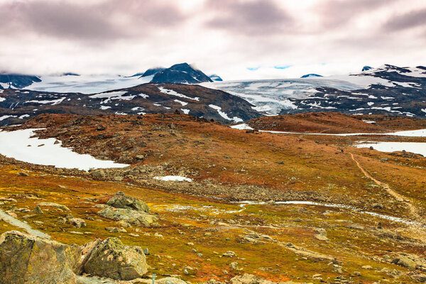 Summer mountains landscape in Norway. National tourist scenic route 55 Sognefjellet from Lom to Gaupne.