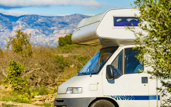 Camper Vehicle Camping Roadside Spanish Mountains Landscape Background — Stock Photo, Image