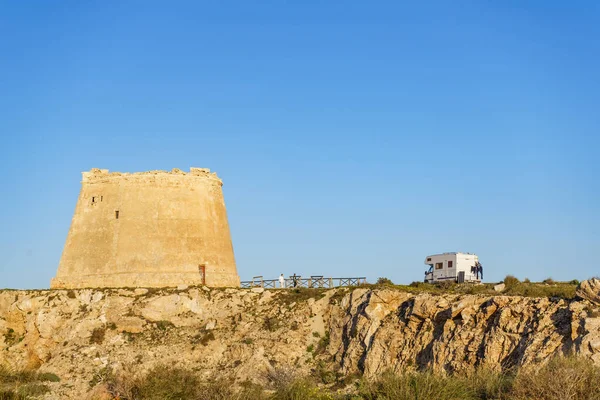 Motor Home Mesa Roldan Tower Visiting Cabo Gata Nijar Natural — Stock Photo, Image