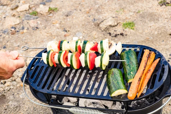 Verschiedene Leckere Gegrillte Gemüsespieße Auf Dem Grill Grillabendessen Freien Sommeressen — Stockfoto