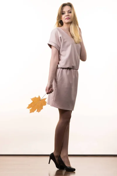 Fashionable Autumn Long Hair Blonde Girl Wearing Beige Dress High — Stock Photo, Image