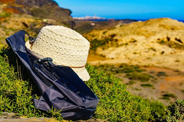 Hat Backpack Summer Walking Equipment Mediterranean Sea Coast Murcia Region — Fotografia de Stock