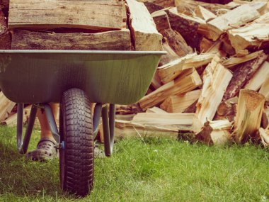 Dışarıda odun yığını ve el arabası var. Kış için hazırlık.
