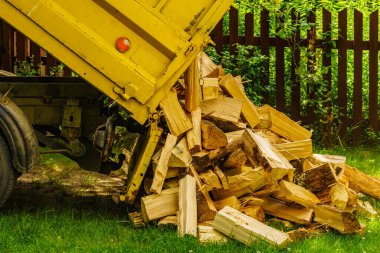 Kamyon odun indiriyor, odun atıyor. Kış için hazırlık.
