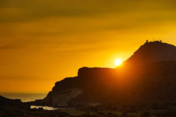Paisagem Costeira Pôr Sol Parque Natural Cabo Gata Andaluzia Espanha — Fotografia de Stock