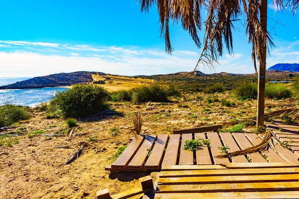Landschaft Der Mittelmeerküste Strand Mit Unterschlupf Aus Palmblättern Region Murcia — Stockfoto