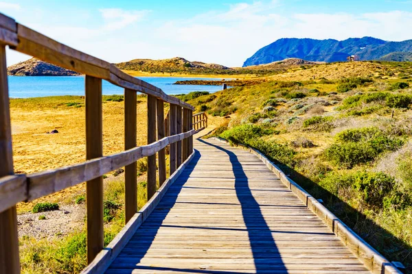 Pláž Pobřeží Dřevěnou Cestou Mořské Vodě Cala Magre Calblanque Regional — Stock fotografie