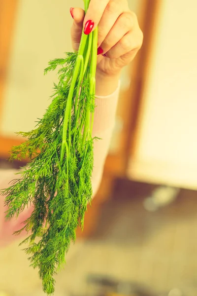 女性拿着健康的绿色草药 有刺草的女人要煮东西 — 图库照片