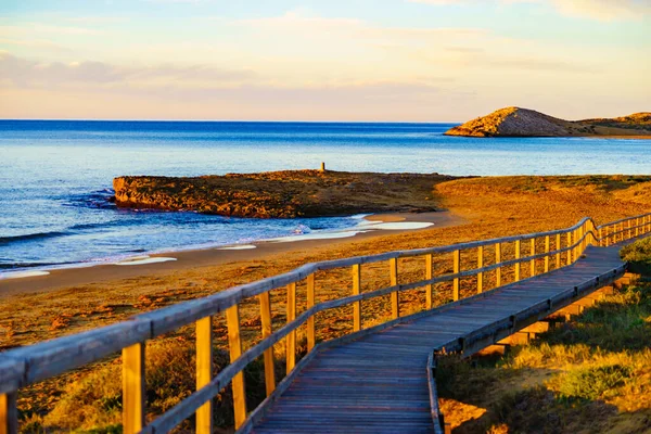 Strandstrand Med Träväg Till Havsvatten Cala Magre Calblanque Regional Park — Stockfoto