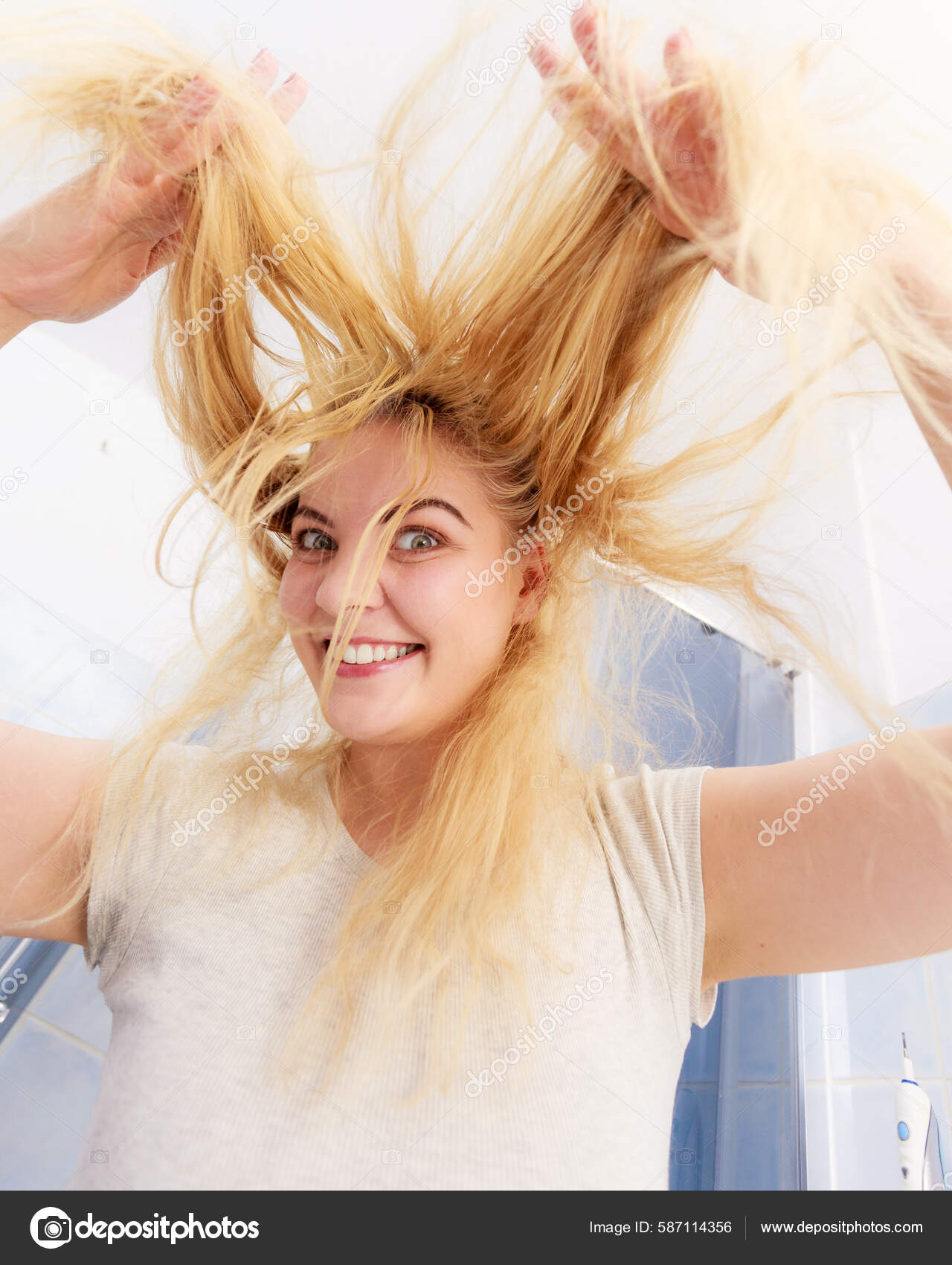 Happy Woman Having Long Blonde Hair Positive Female Taking Shower Stock Photo by Β©Anetlanda 587114356 Happy Woman Having Long Blonde Hair Positive Female Taking Shower Stock Photo by Β©Anetlanda 587114356