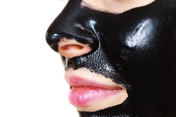 Jonge Vrouw Met Carbo Detox Zwarte Peel Masker Haar Gezicht — Stockfoto