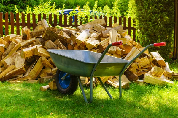 Dışarıda odun yığını ve el arabası var. Kış için hazırlık.