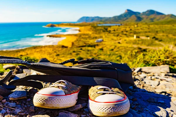 Sapatos Mochila Equipamento Passeio Verão Costa Marítima Mediterrânea Região Murcia — Fotografia de Stock