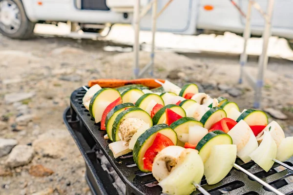 在烤肉烤架上 选择美味的烤蔬菜串 户外烧烤晚餐 后排的Rv野营车 — 图库照片