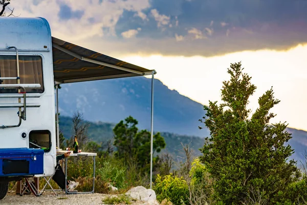 Camper Vehicle Roll Out Awning Tourist Table Chairs French Mountains — Stock Photo, Image