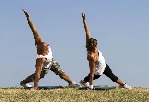 Doğada yoga yaparken çift — Stok fotoğraf