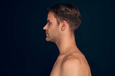 Handsome young man isolated. Portrait of shirtless muscular man is standing on dark blue background