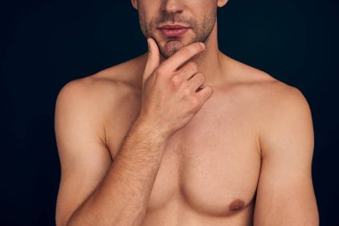 Handsome young man isolated. Cropped image of shirtless muscular man is standing on dark blue background