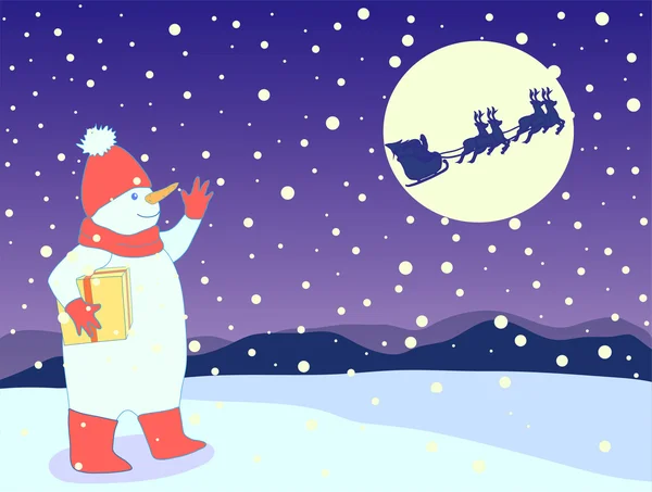Jultomten i en släde och snögubbe — Stock vektor