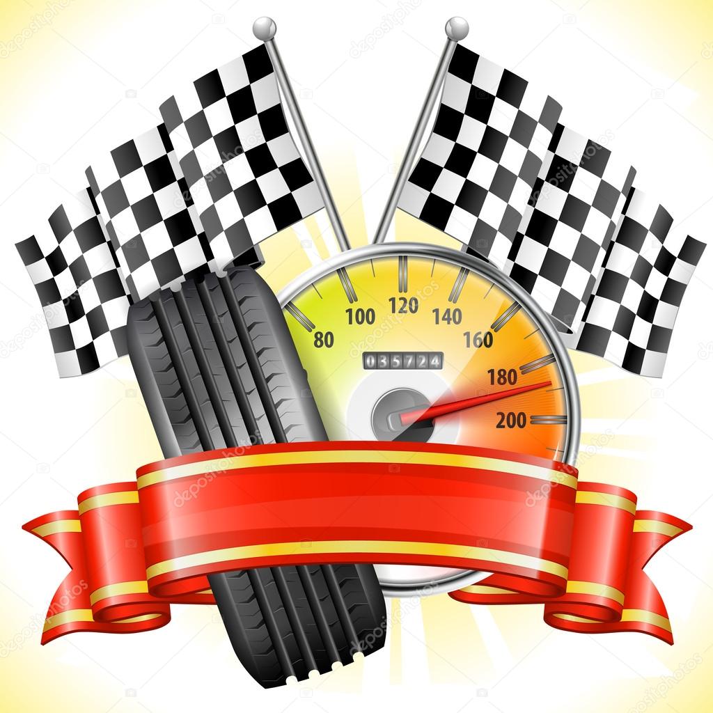 Racing Concept - Speedometer with Flags, Tire and Ribbon, vector illustration