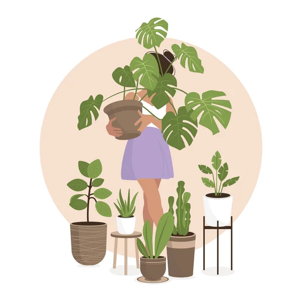 Çiçeklerle ilgilenen bir kız. Kadın karakter hobisinden zevk alıyor. Ev bahçesi. Canavar bitkisi..