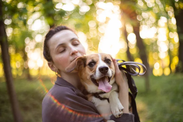 Jonge Vrouw Met Een Schattig Beagle Hond — Stockfoto
