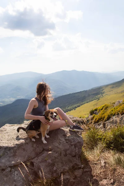 Young Woman Dog Mountains Hike — Stock Photo, Image
