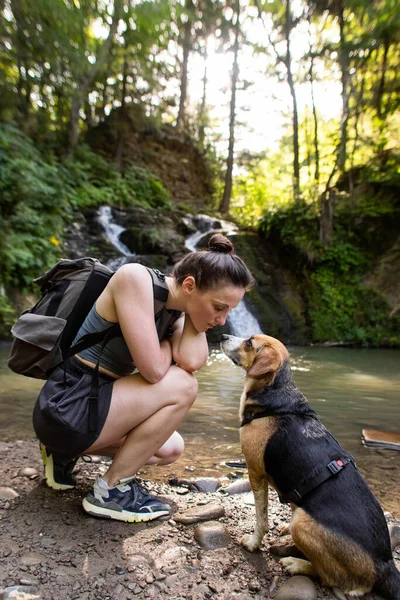 Молода Жінка Собакою Біля Водоспаду — стокове фото