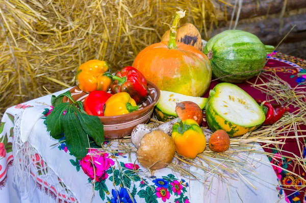 Bodegón de otoño con verduras y mantel ucraniano —  Fotos de Stock
