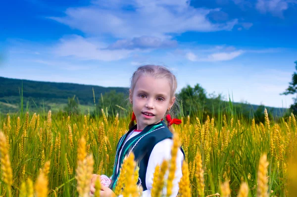 Menina em um campo de trigo em uma paisagem — Fotografia de Stock