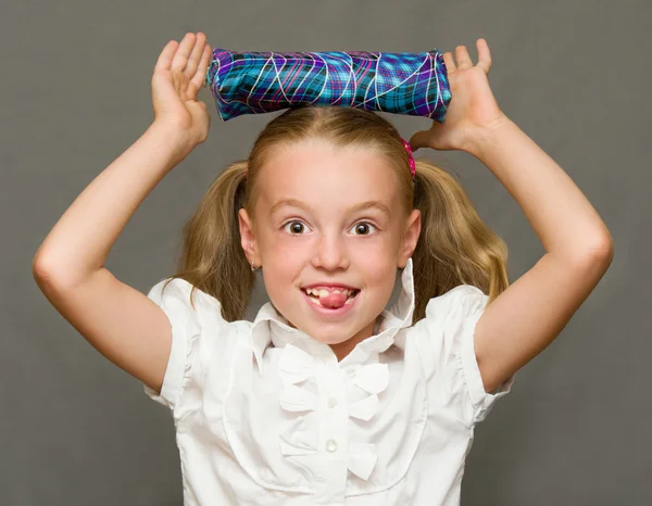 Cheerful schoolgirl with pencil case.School concept — Stock Photo, Image