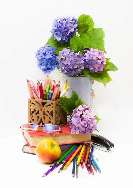 Učitel day.bouquet květy hortenzií a školních předmětů. — Stock fotografie