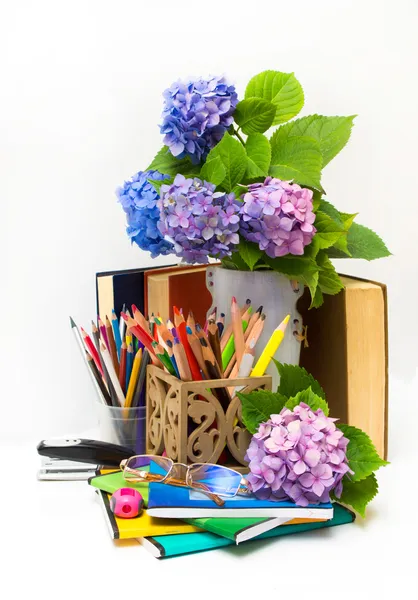 Día del Profesor.Ramo de flores hortensias y materias escolares . —  Fotos de Stock