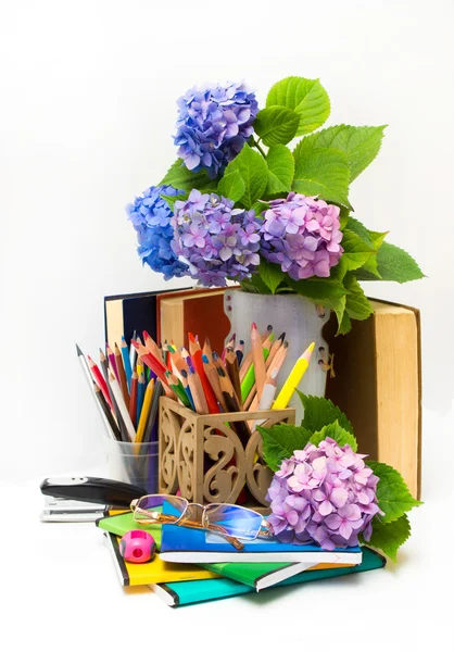 Día del Profesor.Ramo de flores hortensias y materias escolares . Imagen De Stock