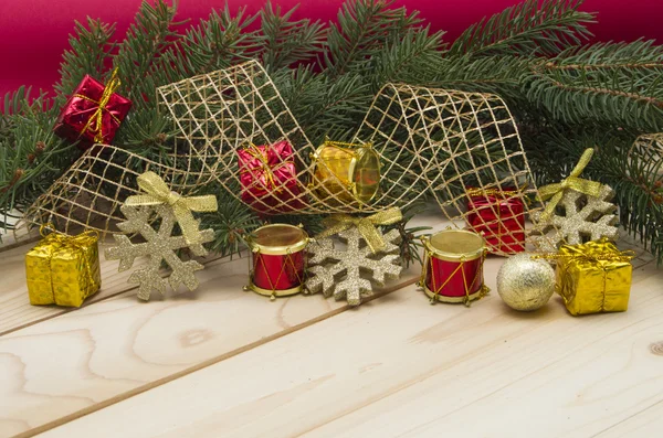 Holiday background with pine branches and toys. — Stock Photo, Image