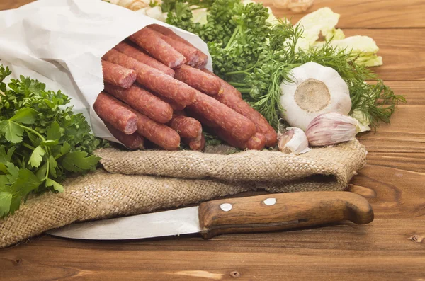 Hunting sausages in a white package — Stock Photo, Image