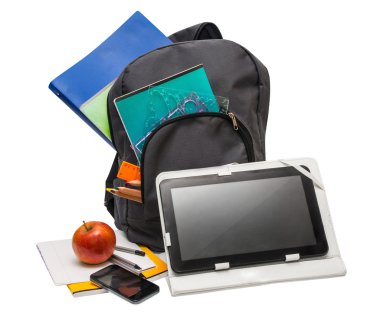 okul malzemeleri ve bir tablet bilgisayar sırt çantası. 