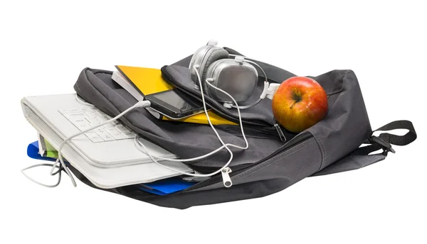 Шкільний рюкзак зі шкільними приладдям та планшет з навушниками Стокова Картинка