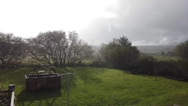 Kraftigt regn medan solen skiner samtidigt i Irland — Stockvideo