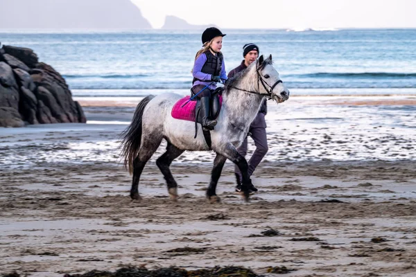 Burtonport, County Donegal, Ιρλανδία - 18 Δεκεμβρίου 2021: Η οικογένεια του θαλάμου ιππεύει τα άλογά της στην παραλία — Φωτογραφία Αρχείου